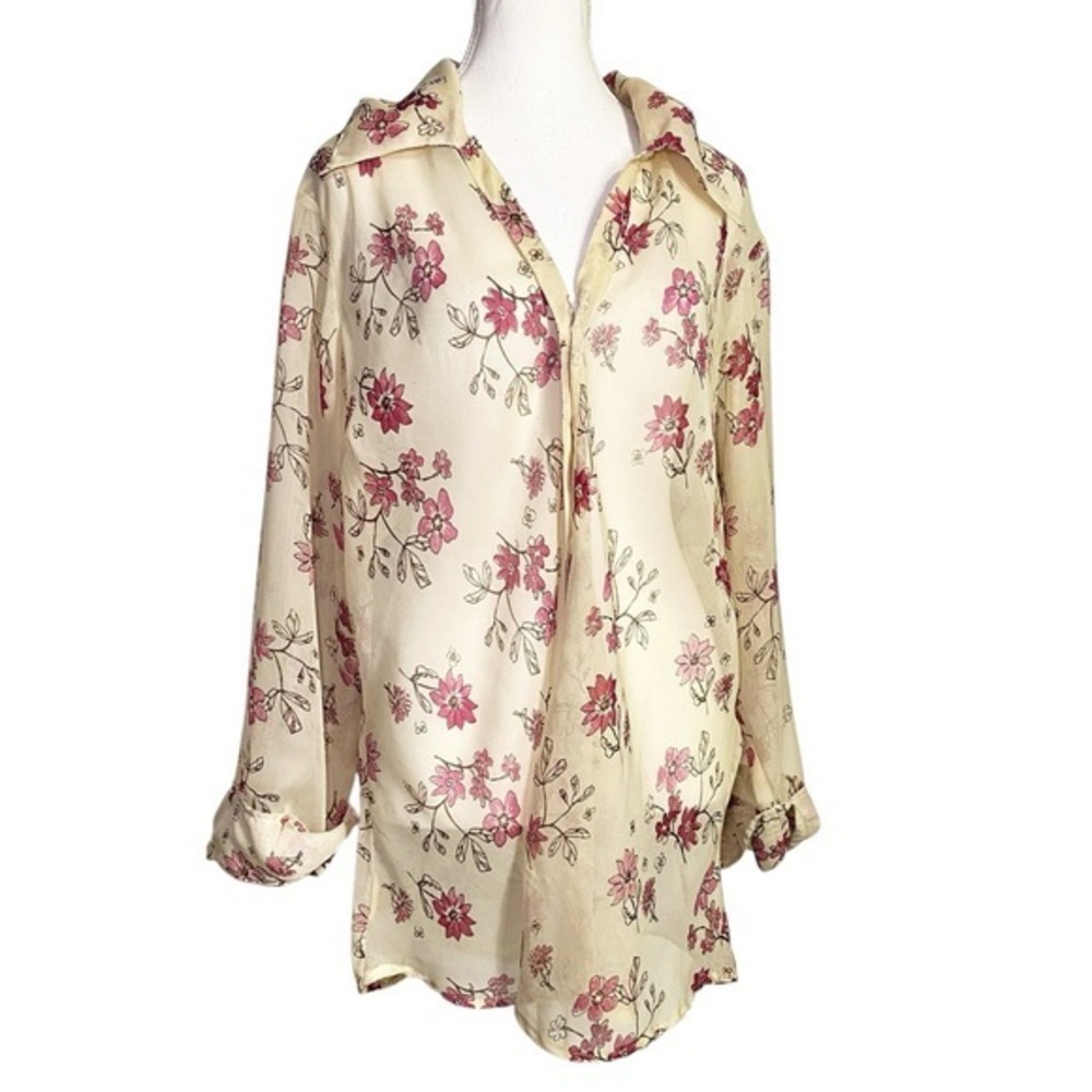 Prianita's Collection Floral Sheer Button Down Shirt - Cream and Pink